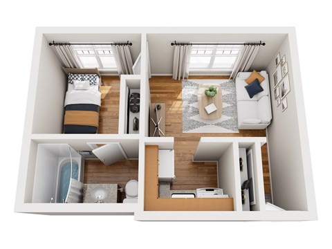 Floor plan for 1 bed, 1 bath, 375 sqft